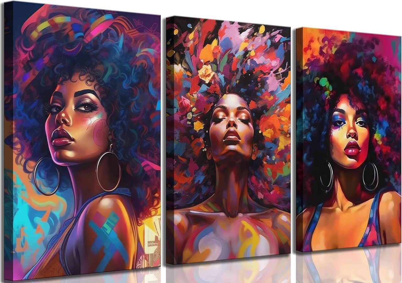 3Pcs African American Women Canvas Wall Art Colorful Graffiti Afro Girl Painting Modern Abstract Aesthetic Pictures Wall Decor Posters Print Artwork for Living Room Bedroom Home Decoration